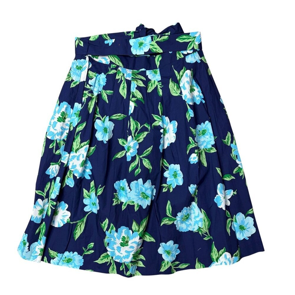 Talbots Petite 14P Floral Cotton Poplin Skirt Navy Blue Turquoise Tie Waist NWT